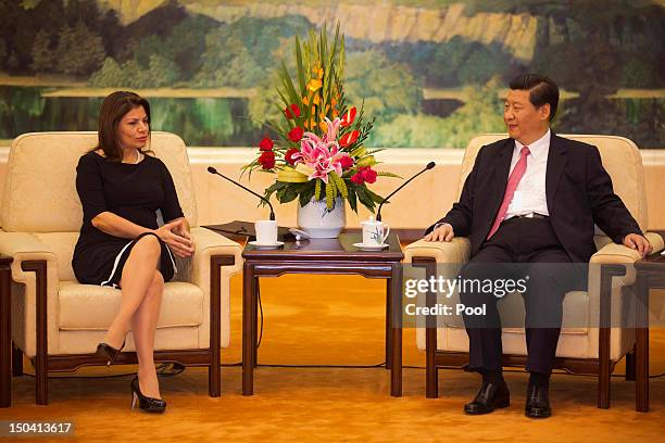 Costa Rican President Laura Chinchilla meets with Chinese Chairman and Party Secretary of the National Peoples Congress Wu Bangguo at the Great Hall...