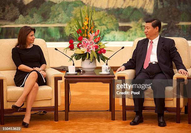 Costa Rican President Laura Chinchilla meets with Chinese Chairman and Party Secretary of the National Peoples Congress Wu Bangguo at the Great Hall...