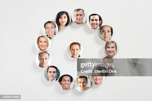 Faces on discs in a circle, a woman in the centre Faces on discs in a circle, a woman in the centre