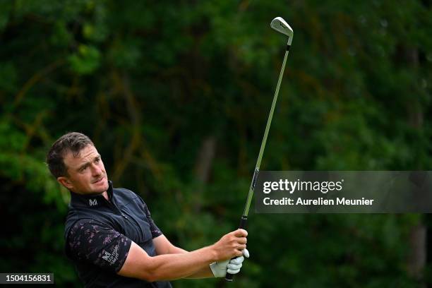 Paul Dunne of Ireland plays his first shot on the first hole during Day One of Le Vaudreuil Golf Challenge at Golf PGA France du Vaudreuil on June...