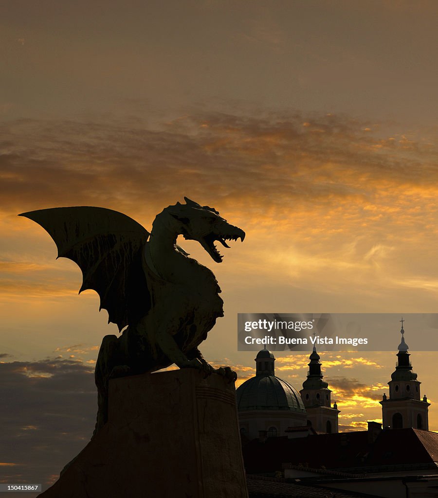 Dragon statue on Dragon Bridge over Ljublja