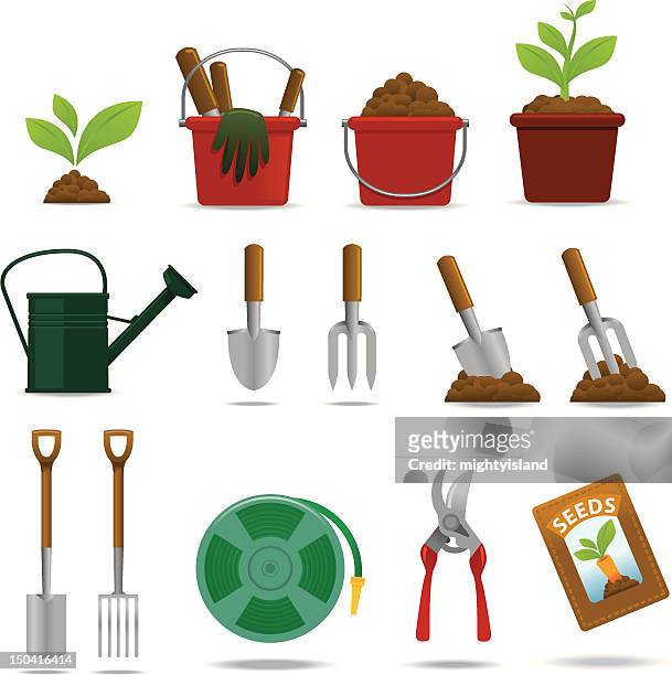 illustrazioni stock, clip art, cartoni animati e icone di tendenza di giardinaggio set di icone - gardening equipment
