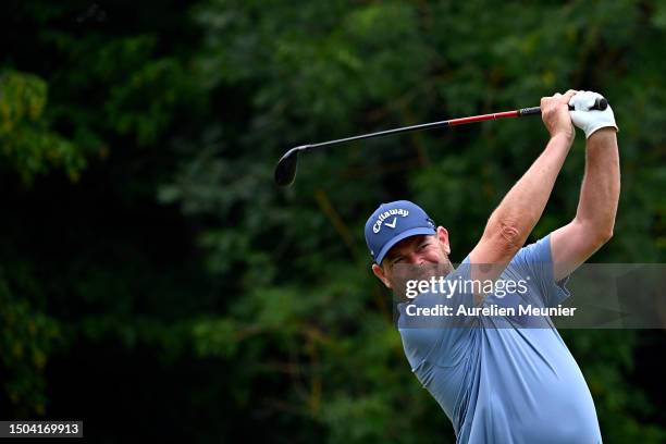 David Drysdale of Scotland plays his first shot on the first hole during Day One of Le Vaudreuil Golf Challenge at Golf PGA France du Vaudreuil on...