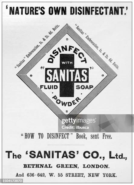 antique advertisement from british magazine: disinfectant - cleaning product ad stock illustrations