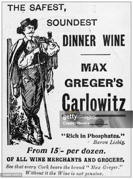 antique advertisement from british magazine: dinner wine - man drinking bottle stock illustrations