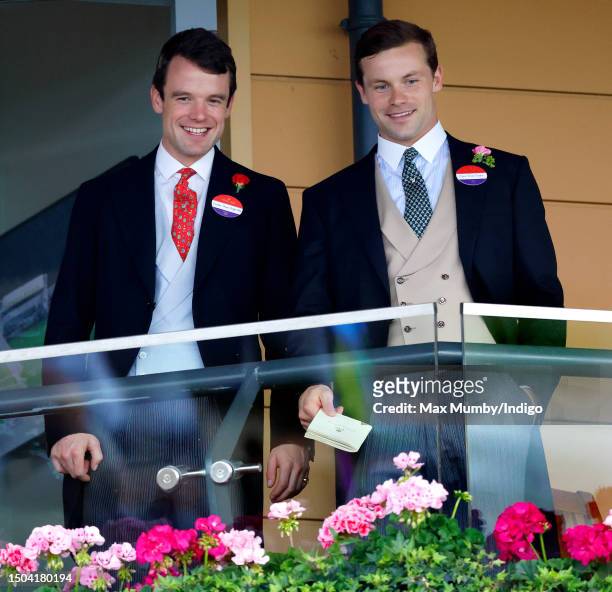 Captain James Boggis-Rolfe and Major Oliver 'Ollie' Plunket attend day one of Royal Ascot 2023 at Ascot Racecourse on June 20, 2023 in Ascot, England.