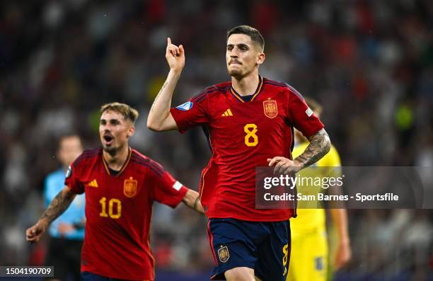 Oihan Sancet of Spain celebrates after scoring his side's second goal during the UEFA Under-21 EURO 2023 Semi-Final match between Spain and Ukraine...