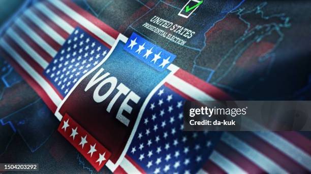 vote - usa election. waving flag with usa map and election message - online voting stock pictures, royalty-free photos & images