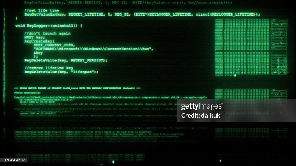 Computer code overlay GUI on black background. Digital noise and glitches design element