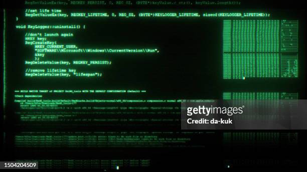 computer code overlay gui on black background. digital noise and glitches design element - hud graphic imagens e fotografias de stock