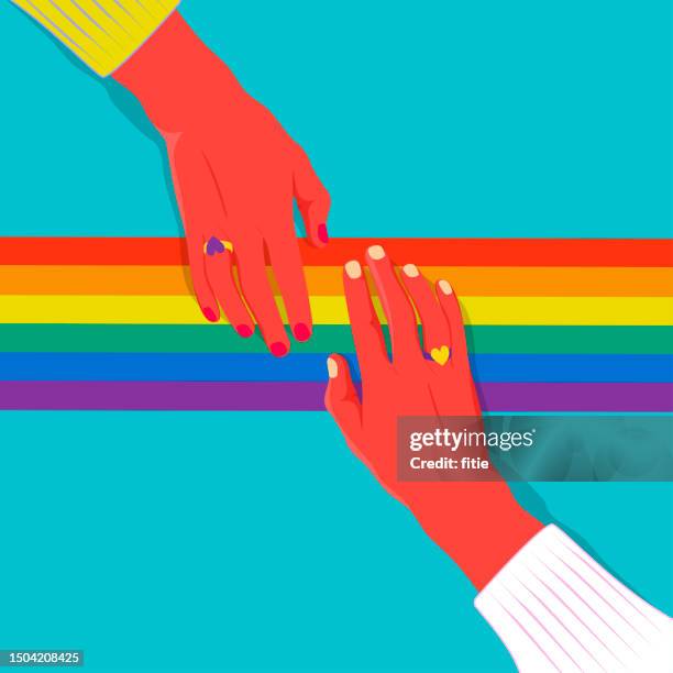 stockillustraties, clipart, cartoons en iconen met vector illustrations celebrating pride month.hands touching on the rainbow flag. - roze zaterdag