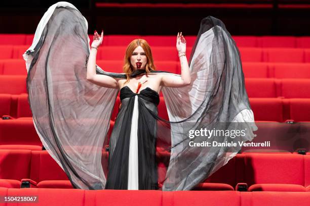 Bella Thorne performs with fake blood during the 69th Taormina Film Festival on June 29, 2023 in Taormina, Italy.