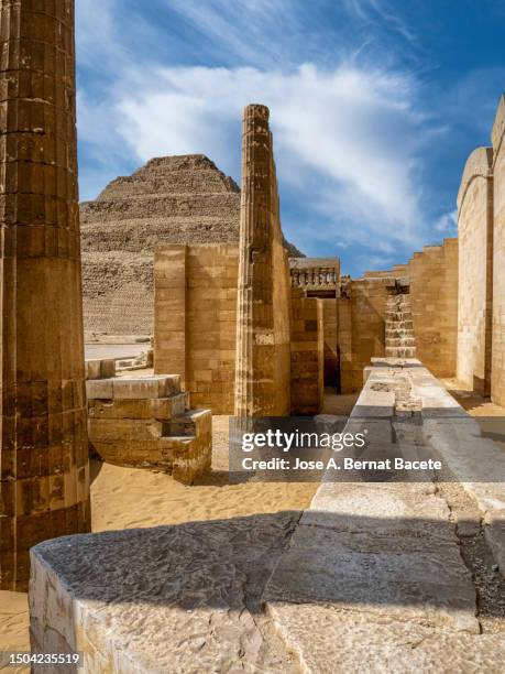 ruins of a temple next to the step pyramid of zoser in saqqara, memphis, egypt. - egypt archaeology stock pictures, royalty-free photos & images