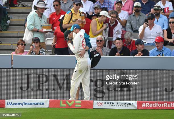 Australia bowler Nathan Lyon leaves the field with an injury during Day Two of the LV= Insurance Ashes 2nd Test match between England and Australia...