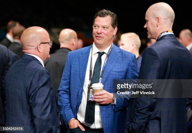Bill Guerin of the Minnesota Wild talks on the draft floor during the 2023 Upper Deck NHL Draft - Rounds 2-7 at Bridgestone Arena on June 29, 2023 in...