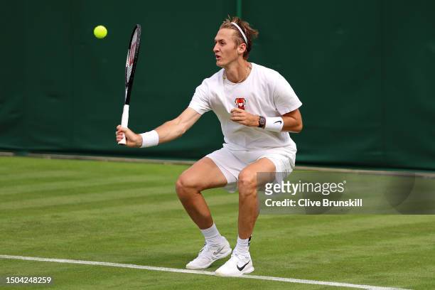 Sebastian Korda of United States plays a forehand during a practice session ahead of The Championships - Wimbledon 2023 at All England Lawn Tennis...