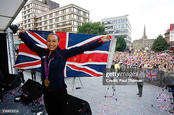 Jessica Ennis poses for a photograph during her homecoming celebration following her gold medal achievements at the London 2012 Olympic games at...