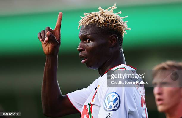 Aristide Bance of Augsburg gestures during the DFB Cup first round match between SV Wilhelmshaven and FC Augsburg at Jade-Stadion on August 17, 2012...