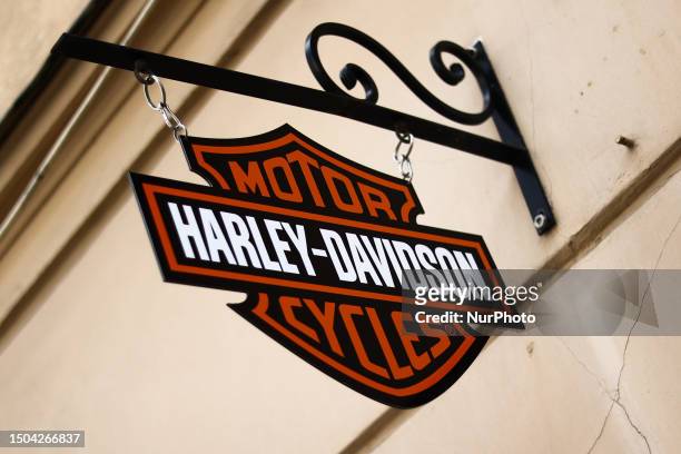 Harley-Davidson logo is seen on the building in Krakow, Poland on July 5, 2023.