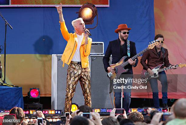 Tyler Glenn and Branden Campbell of Neon Trees performs on ABC's "Good Morning America" at Rumsey Playfield, Central Park on August 17, 2012 in New...