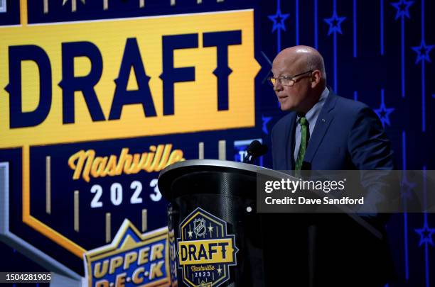 Deputy NHL Commissioner Bill Daly speaks during the 2023 Upper Deck NHL Draft - Rounds 2-7 at Bridgestone Arena on June 29, 2023 in Nashville,...