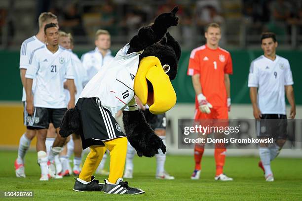 German mascot Paule performs after the Under 21 international friendly match between Germany U21 and Argentina U21 at Sparda-Bank-Hessen-Stadion on...