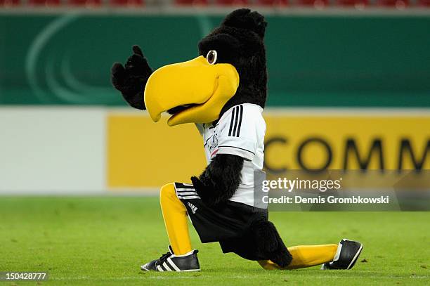 German mascot Paule performs after the Under 21 international friendly match between Germany U21 and Argentina U21 at Sparda-Bank-Hessen-Stadion on...