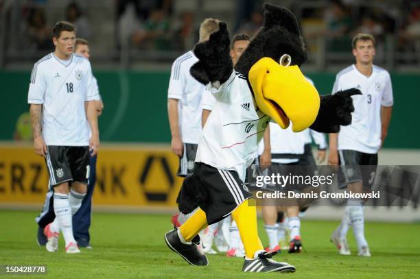 German mascot Paule performs after the Under 21 international friendly match between Germany U21 and Argentina U21 at Sparda-Bank-Hessen-Stadion on...