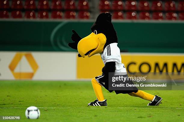 German mascot Paule performs after the Under 21 international friendly match between Germany U21 and Argentina U21 at Sparda-Bank-Hessen-Stadion on...