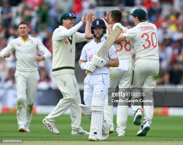 Ben Duckett of England leaves the field after losing his wicket Josh Hazlewood of Australia during Day Two of the LV= Insurance Ashes 2nd Test match...