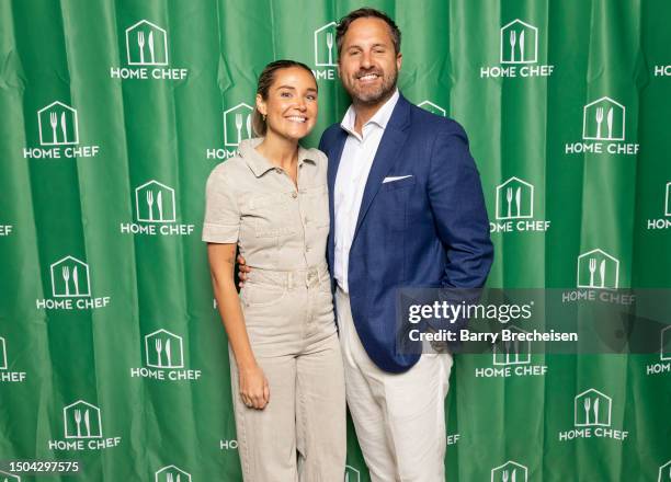 Erin Bartels and Karaq Hoff at the step and repeat during the “Home Chef's 10th Birthday Party” on June 28, 2023 in Chicago, Illinois.