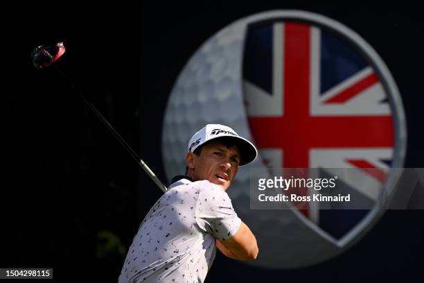 Thorbjorn Olesen of Denmark reacts after teeing off on the 11th hole during Day One of the Betfred British Masters hosted by Sir Nick Faldo 2023 at...