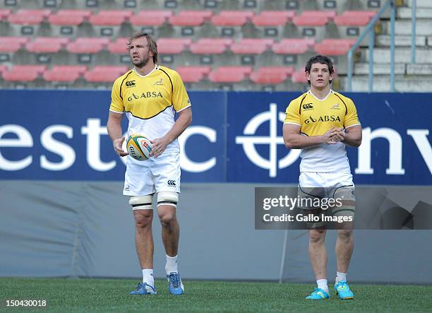 Springbok lock Andries Bekker and Springbok flankforward Marcell Coetzee during the Springboks captains run at DHL Newlands on August 17, 2012 in...