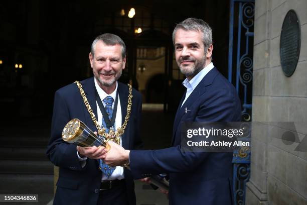 Oliver Coppard Mayor of South Yorkshire and The Lord Mayor of Sheffield, Councillor Colin Ross pose for a photo with the Baton of Hope at the...