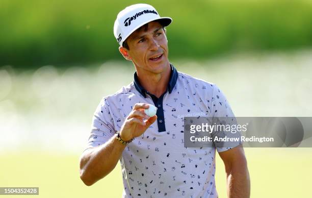 Thorbjorn Olesen of Denmark acknowledges the crowd on the 18th green during Day One of the Betfred British Masters hosted by Sir Nick Faldo 2023 at...