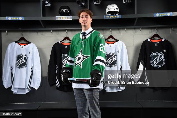 Tristan Bertucci poses for a portrait after being selected 61st overall by the Dallas Stars during the 2023 Upper Deck NHL Draft at Bridgestone Arena...