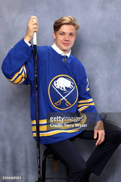 Anton Wahlberg, 39th overall by the Buffalo Sabres, poses for a portrait after being drafted in the 2023 Upper Deck NHL Draft at Bridgestone Arena on...