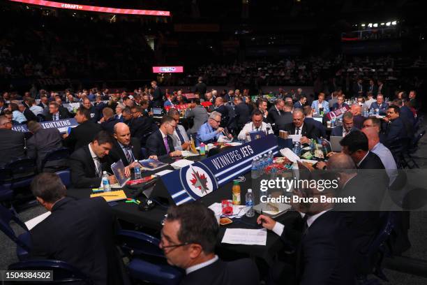 The Winnipeg Jets table during the 2023 Upper Deck NHL Draft at Bridgestone Arena on June 29, 2023 in Nashville, Tennessee.