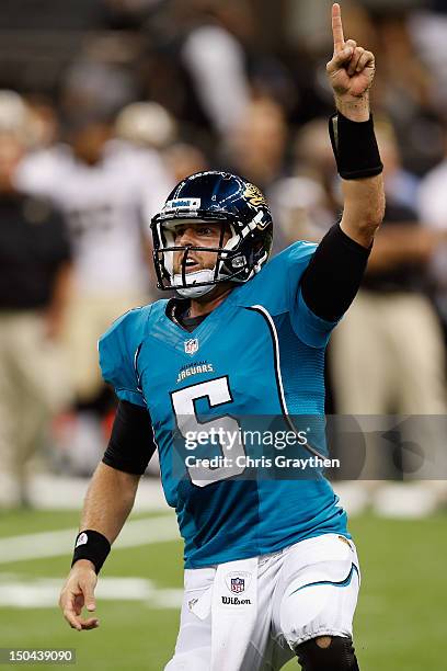 Jordan Palmer of the Jacksonville Jaguars celebrates after throwing a touchdown pass to win the game 27-24 against the New Orleans Saints at the...