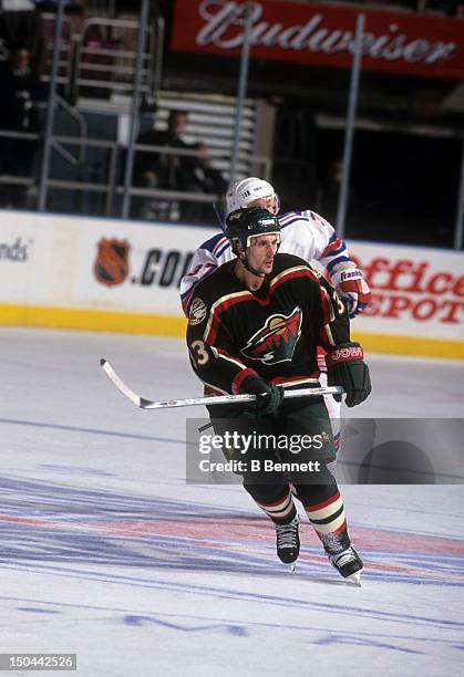 Sergei Zholtok of the Minnesota Wild skates on the ice during an NHL game against the New York Rangers on November 6, 2001 at the Madison Square...