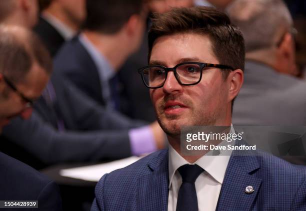 Kyle Dubas of the Toronto Maple Leafs looks on during the 2023 Upper Deck NHL Draft - Rounds 2-7 at Bridgestone Arena on June 29, 2023 in Nashville,...
