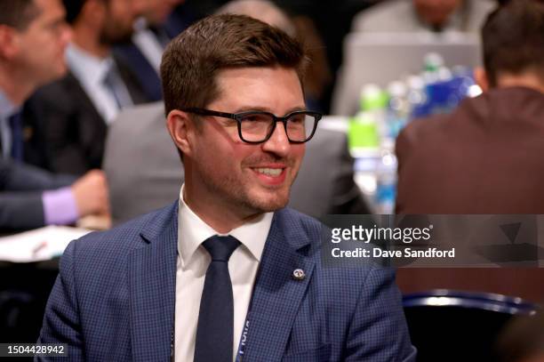 Kyle Dubas of the Toronto Maple Leafs looks on during the 2023 Upper Deck NHL Draft - Rounds 2-7 at Bridgestone Arena on June 29, 2023 in Nashville,...