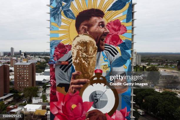 Aerial view of a giant mural by artist Cobre depicting Argentina football player Lionel Messi with the World Cup Trophy on June 29, 2023 in Santa Fe,...