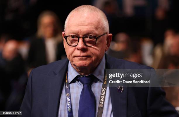 Jim Rutherford of the Vancouver Canucks looks on during the 2023 Upper Deck NHL Draft - Rounds 2-7 at Bridgestone Arena on June 29, 2023 in...