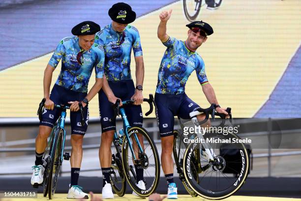 David De La Cruz of Spain and Mark Cavendish of United Kingdom and Astana Qazaqstan Team during the team presentation of the 110th Tour de France...