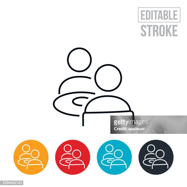 two people seated at table having a meal together thin line icon - editable stroke - lunch break icon stock illustrations