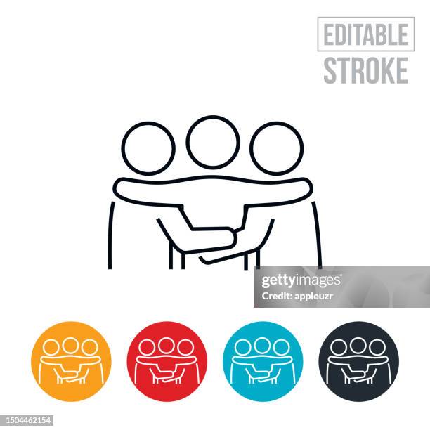 drei freunde mit armen umeinander, die sich umarmen, dünne liniensymbole - bearbeitbarer strich - arm umlegen stock-grafiken, -clipart, -cartoons und -symbole