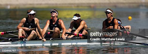 Thomas Murray, Michael Brake, Cameron Webster, Thomas Jenkins and Sam Bosworth of New Zealand pictured after winning the Junior Men's Coxed Four...