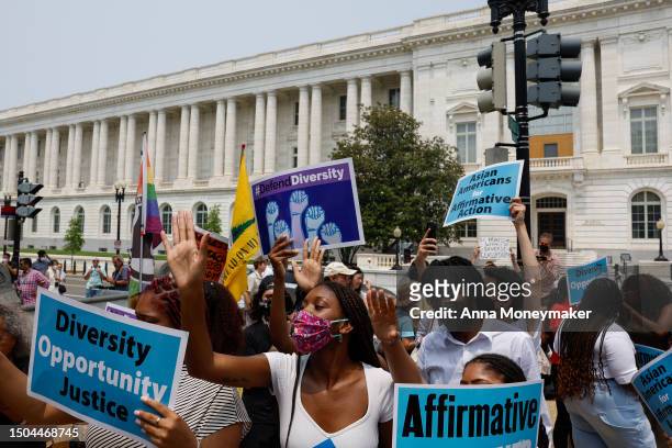 Supporters of affirmative action protest near the U.S. Supreme Court Building on Capitol Hill on June 29, 2023 in Washington, DC. In a 6-3 vote,...
