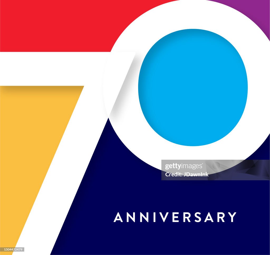 70 Year Anniversary square label geometric typography design with vibrant colors